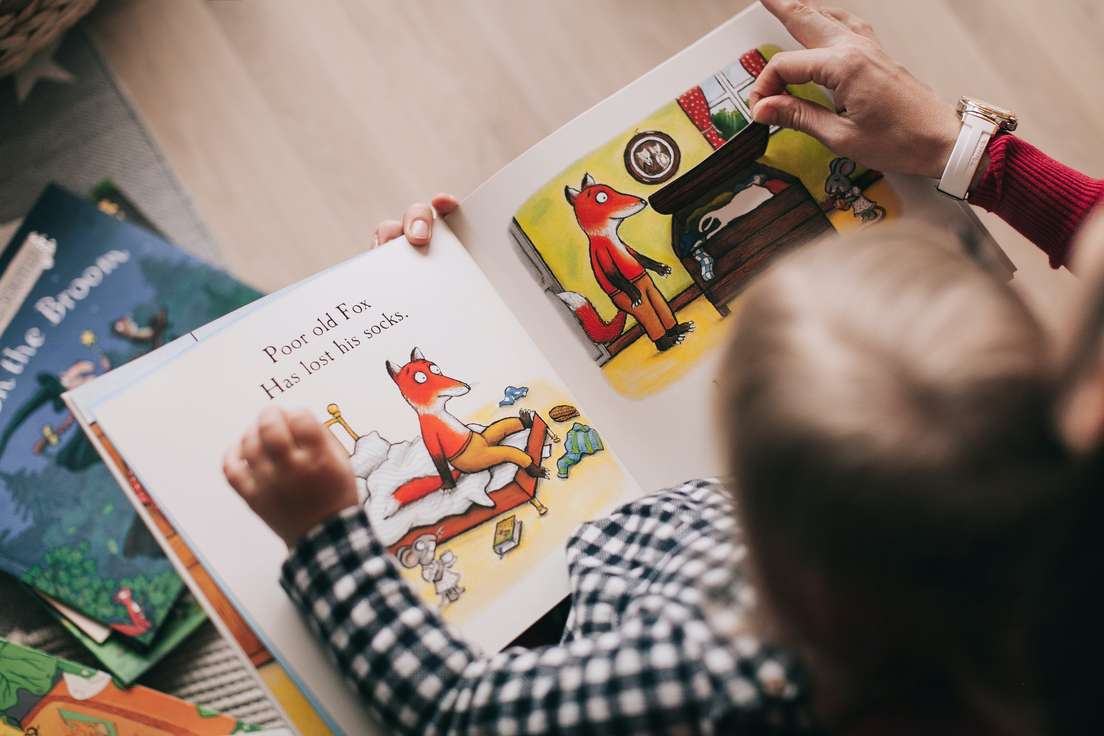 A child and parent reading a children's book